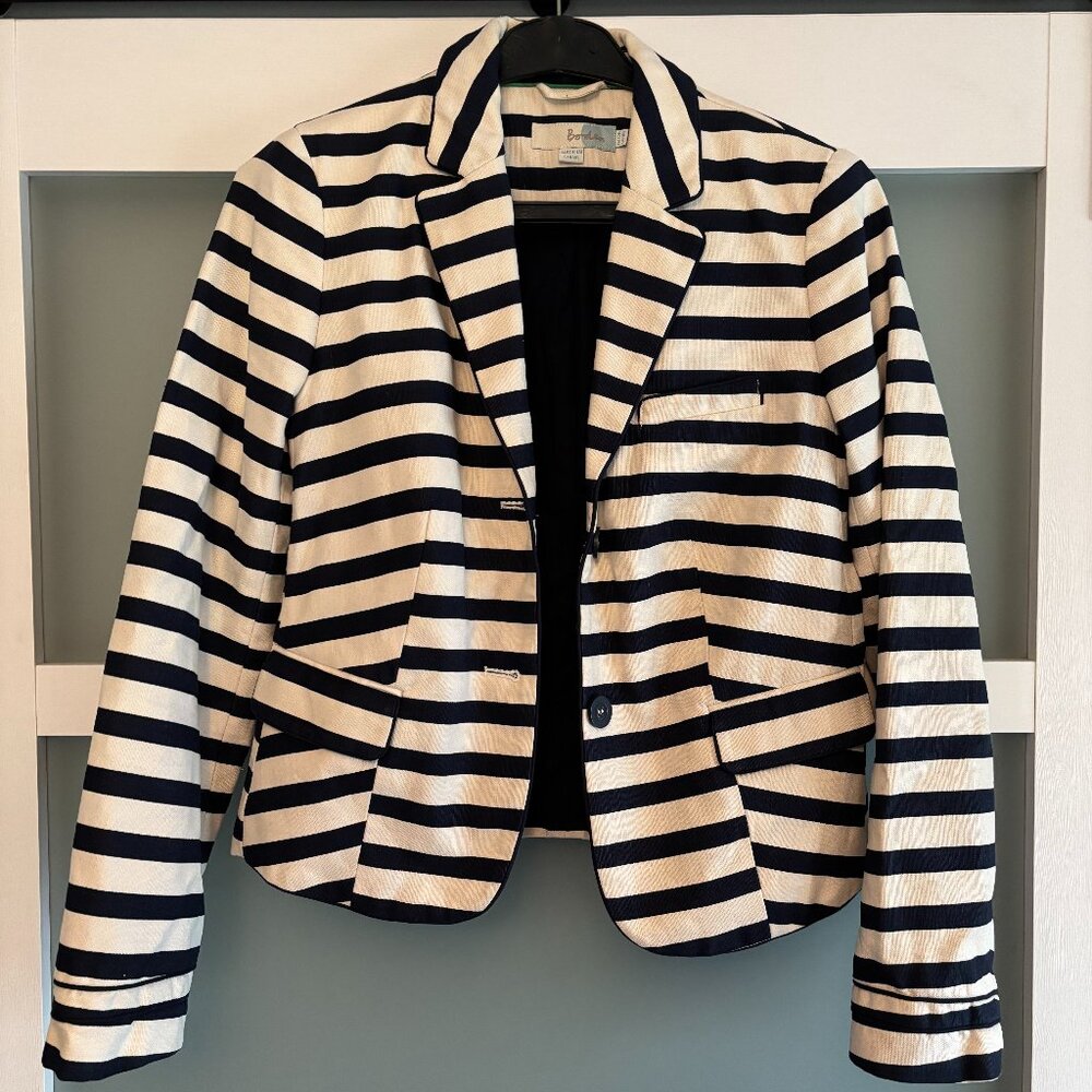 Boden Striped Cotton Linen Blazer Navy White Nautical Preppy - Size US 8 / UK 12